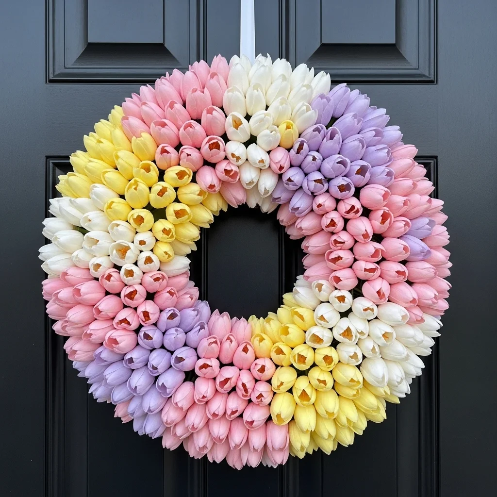 Dense pastel tulip cluster Easter wreath in pink yellow and lavender on black front door for colorful easter wreaths for front door