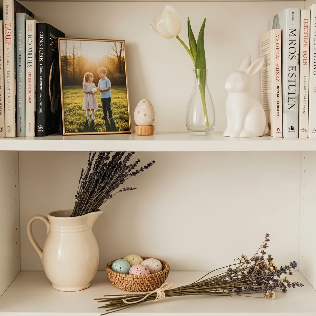 Personal Easter bookshelf decor with family photo in gold frame hand-painted ceramic egg white tulip ceramic bunny vintage pitcher dried lavender woven egg basket and wildflower bundle for meaningful spring shelf vignette ideas 2026