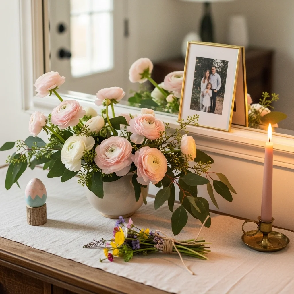 Personal Easter entryway table decor with blush ranunculus vase family photo in gold frame hand-painted egg wildflower bundle and brass taper candle on cream linen runner for meaningful spring entryway table display