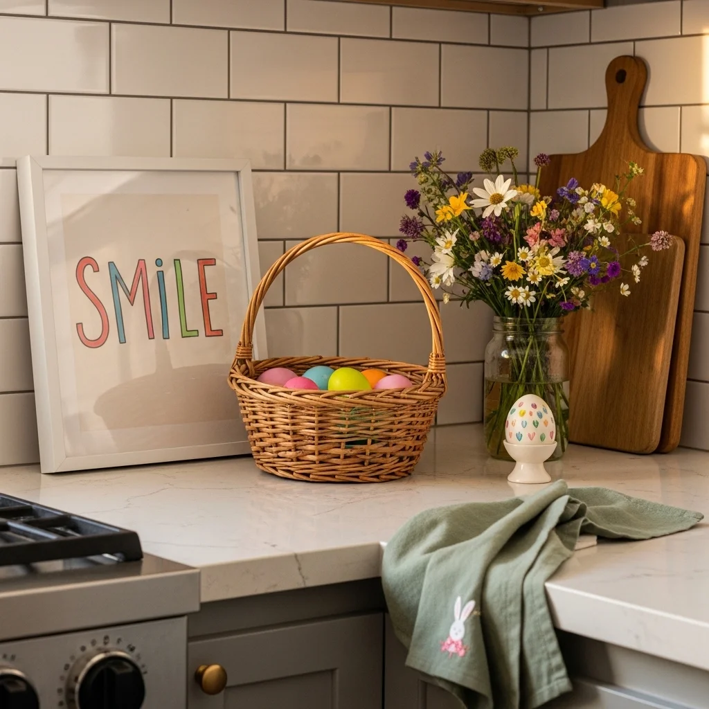 Personal Easter kitchen island decor with handmade Smile sign vintage wicker basket hand-painted egg and wildflowers in mason jar for cottage style Easter kitchen inspiration decor