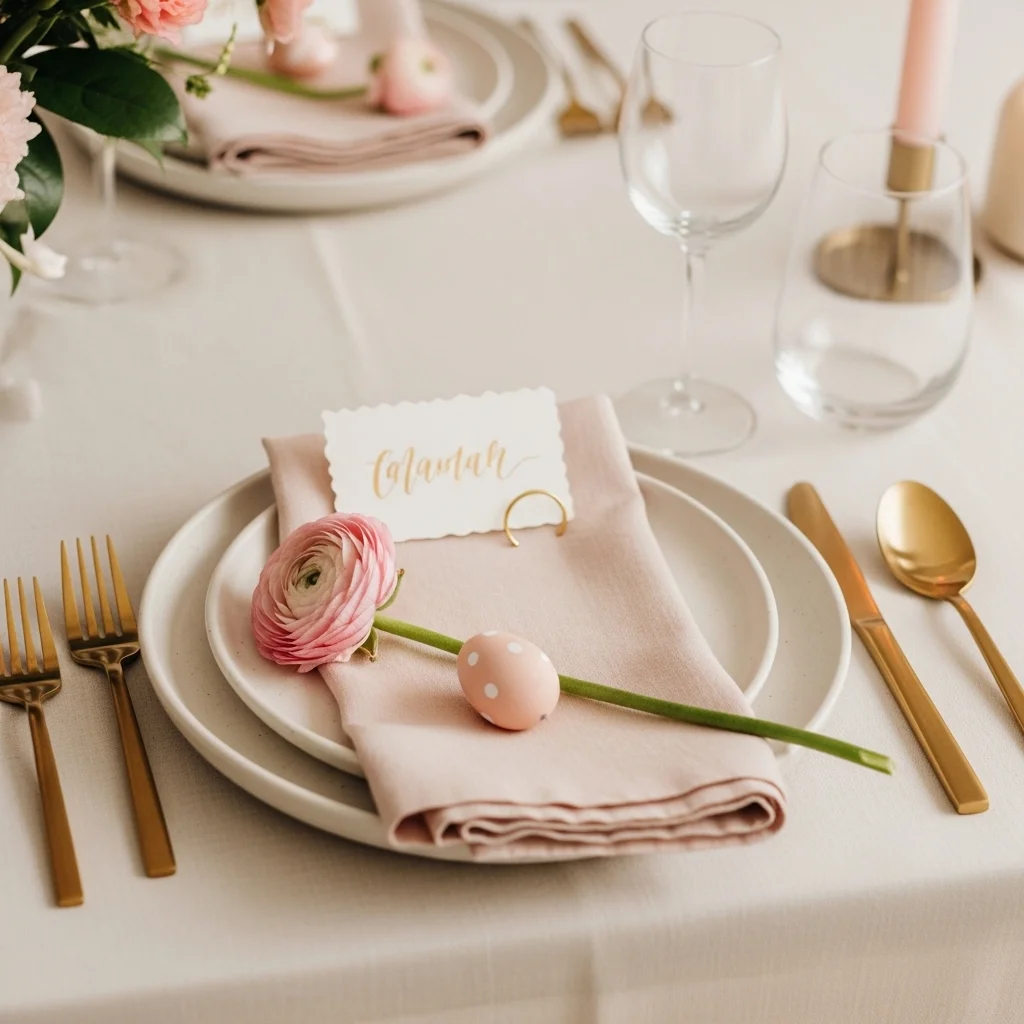 Personal Easter table scape place setting with cream plate blush linen napkin hand lettered name card hand painted pastel egg and fresh ranunculus stem for meaningful Easter table centrepiece ideas