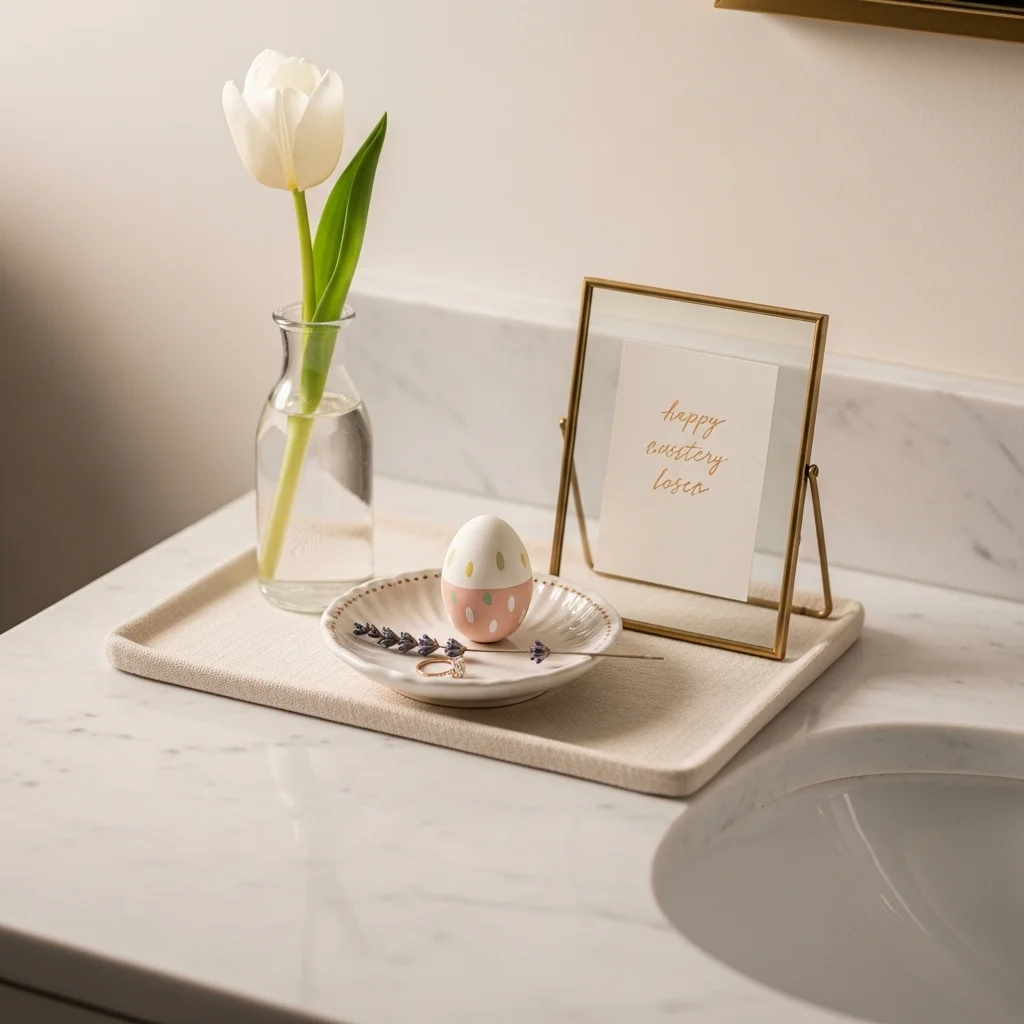 Personal Easter bathroom decor with vintage ceramic dish hand-painted egg gold frame card holder and white tulip bud vase on cream linen tray for spring Easter bathroom decor ideas 2026