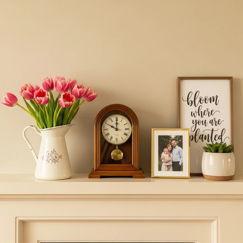 Personal spring mantel decor with vintage pitcher tulips family photo and hand lettered sign on cream fireplace for cozy spring styling