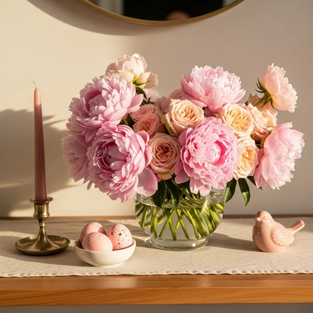 Romantic pink Easter tablescape on warm wood entryway console with blush peony and garden rose arrangement dusty rose taper candle pink speckled eggs and ceramic bird for pink Easter tablescapes ideas
