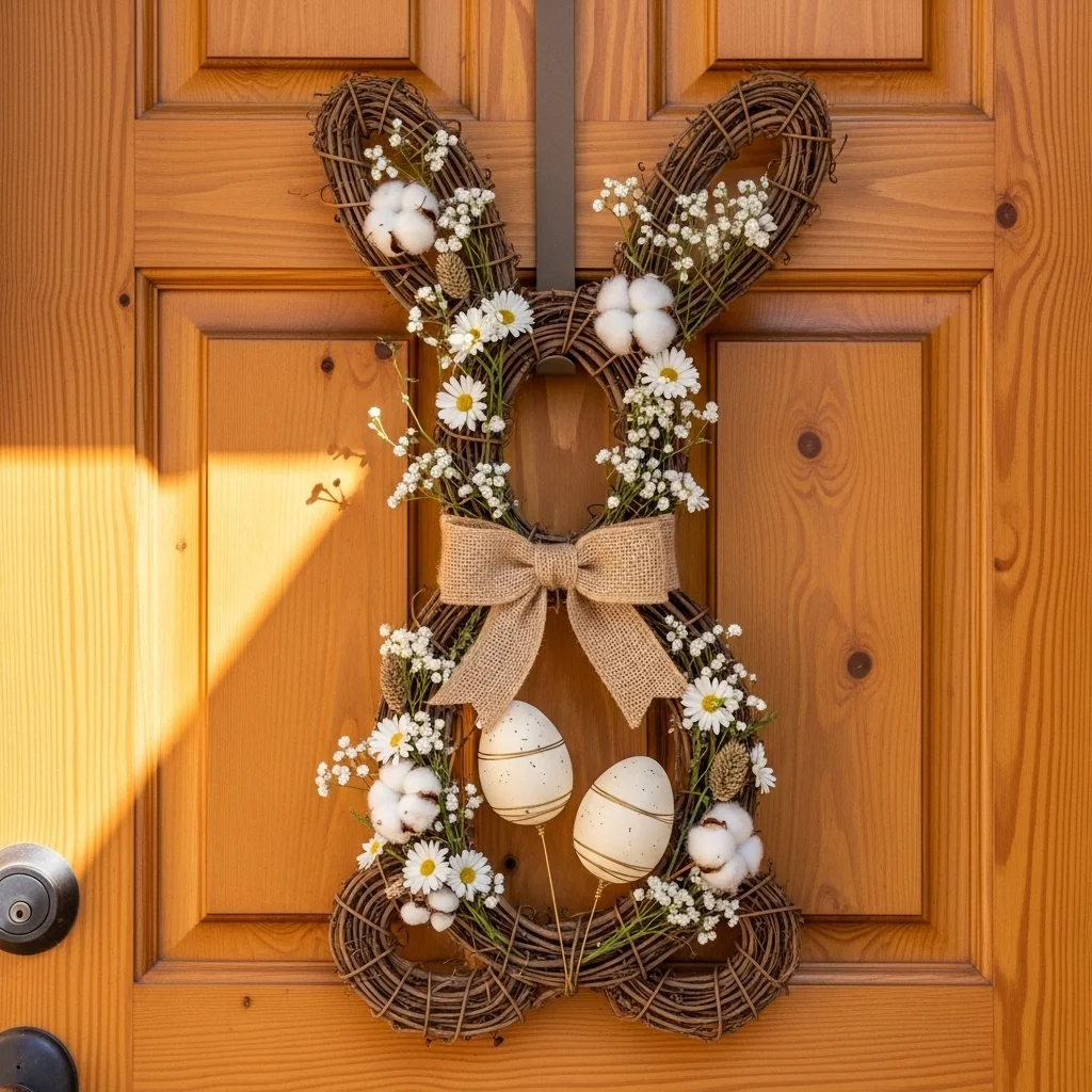 Rustic Easter bunny shaped grapevine wreath with white flowers cotton stems and burlap bow on wood front door for unique easter wreath ideas