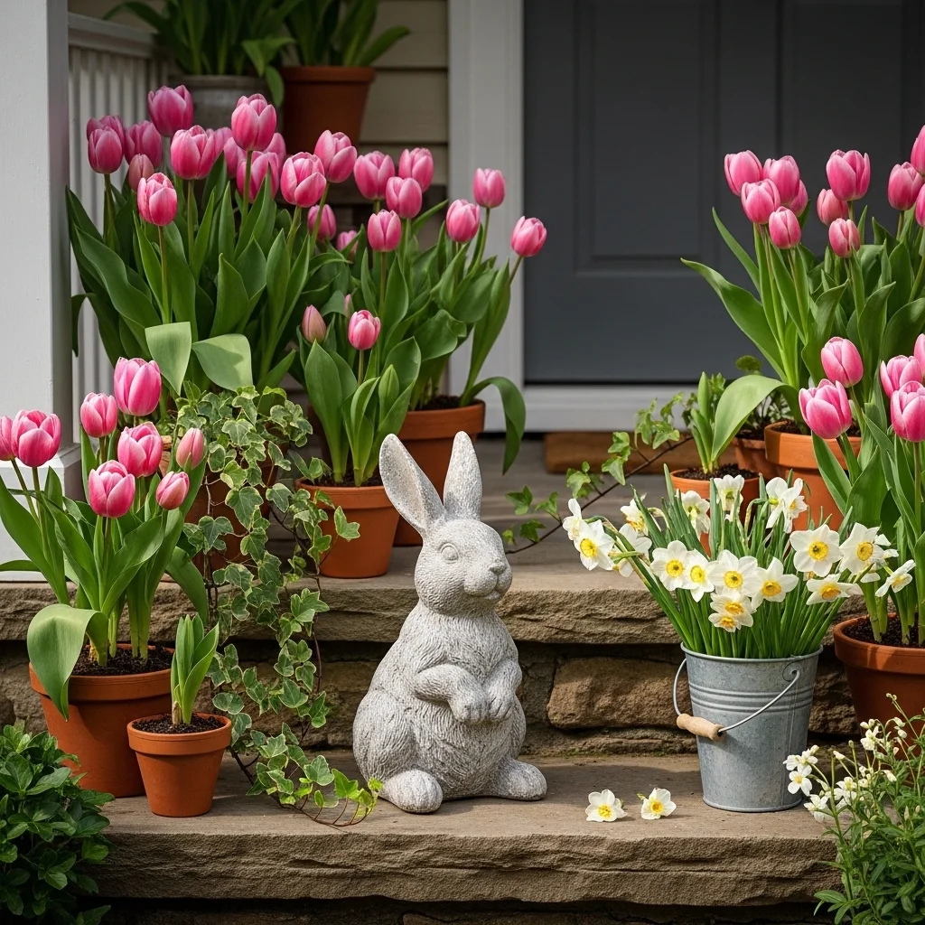  Rustic bunny statue with flowers surrounded by pink tulips daffodils and trailing ivy on stone front porch steps for Easter porch decor outdoor ideas