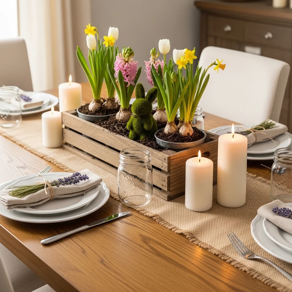 Rustic farmhouse Easter tablescape with wooden crate centerpiece potted hyacinths daffodils and mossy bunny figurine on natural wood table for DIY Easter tablescapes