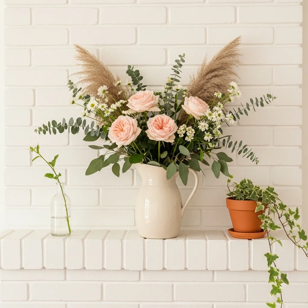 Rustic floral arrangement on white brick fireplace mantel shelf with garden roses pampas grass and eucalyptus for white brick mantel decor ideas
