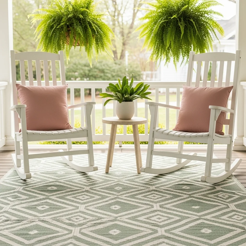 Sage green and cream outdoor rug on spring front porch with white rocking chairs and pink cushions for spring makeover