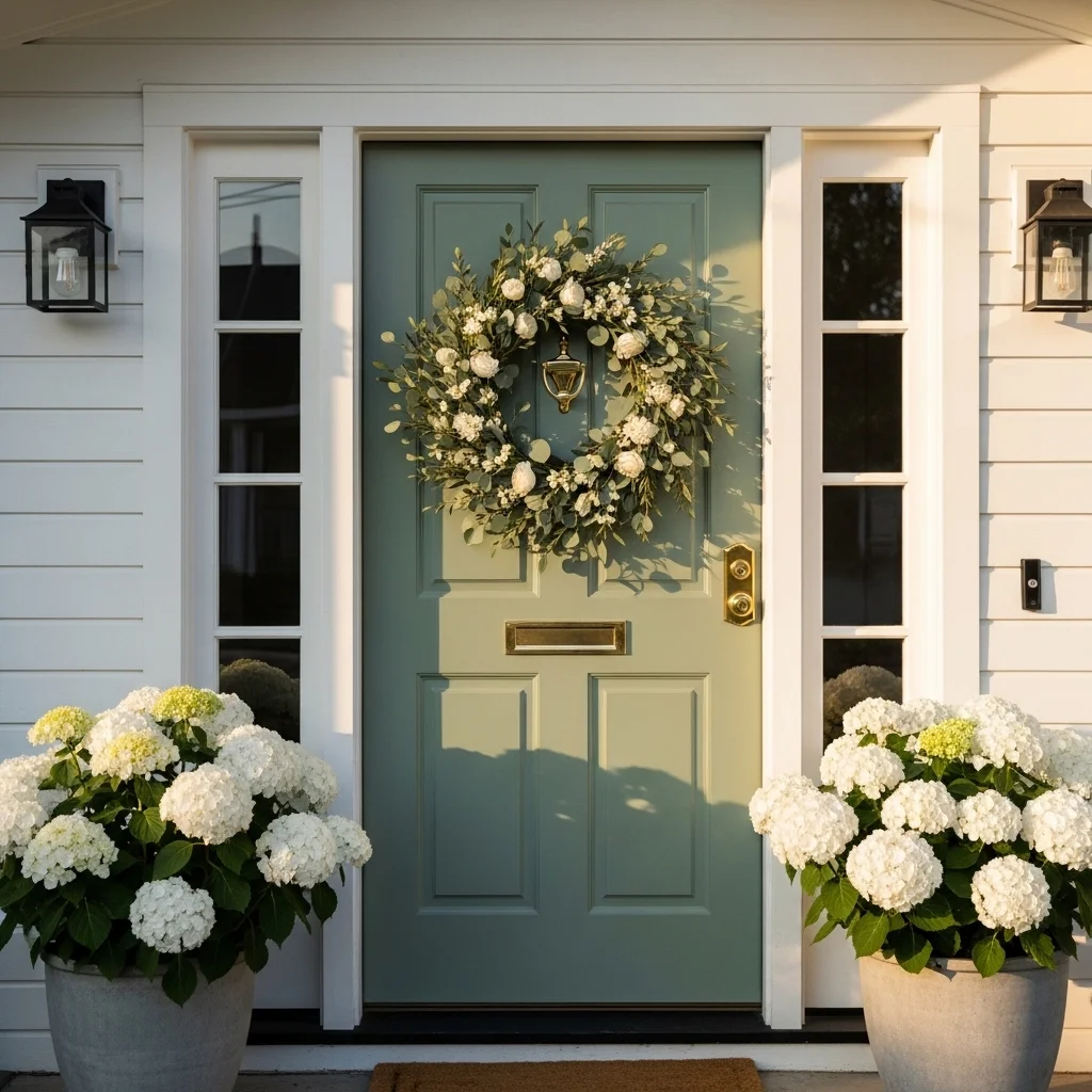 Freshly painted dusty sage green front door with spring wreath and white hydrangeas for dramatic spring porch makeover