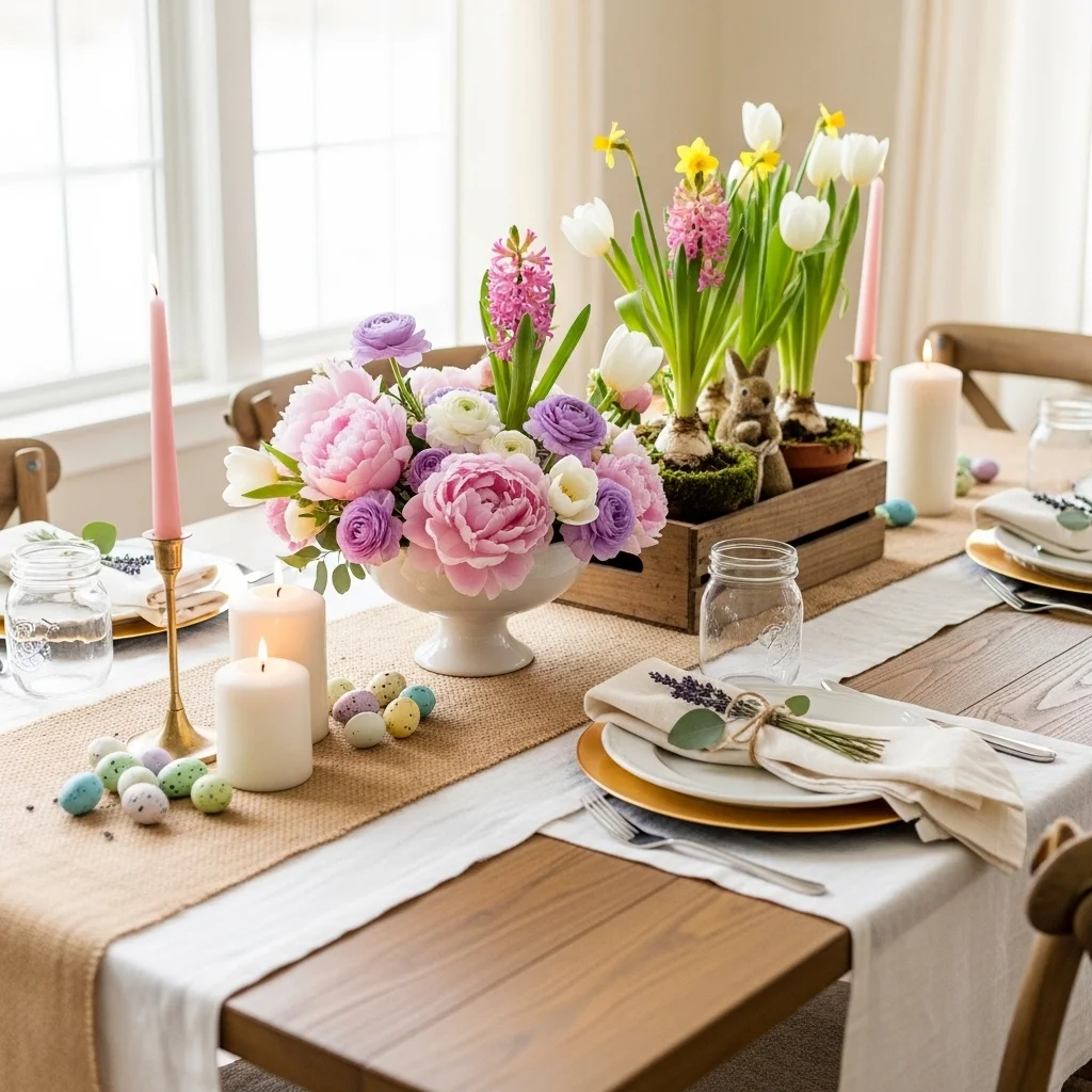 Soft pastel Easter tablescape with fresh peony tulip and ranunculus flower arrangement brass candle holders and speckled Easter eggs on white linen table for Easter tablescapes ideas