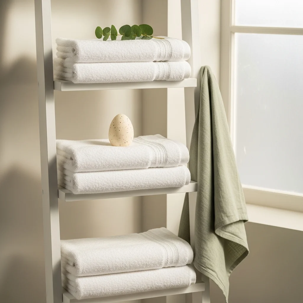 Soft white towels on wooden ladder shelf with eucalyptus sprig pastel egg and sage green linen hand towel for spring Easter bathroom decor ideas 2026