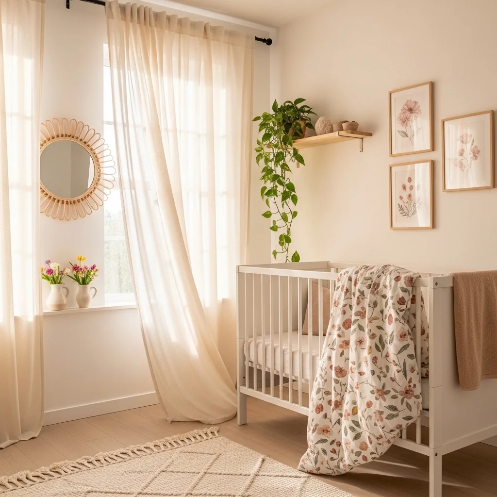 Spring aesthetic nursery with sheer curtains botanical floral bedding pothos plant watercolour wildflower prints and rattan mirror for spring nursery inspiration ideas 2026