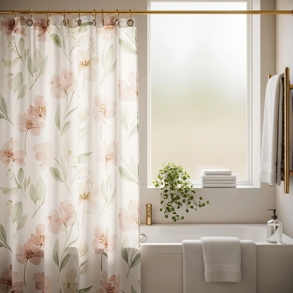 Spring bathroom decor with watercolour botanical floral shower curtain in blush pink and sage green with soft white towels and trailing ivy plant for spring decor bathroom ideas 2026