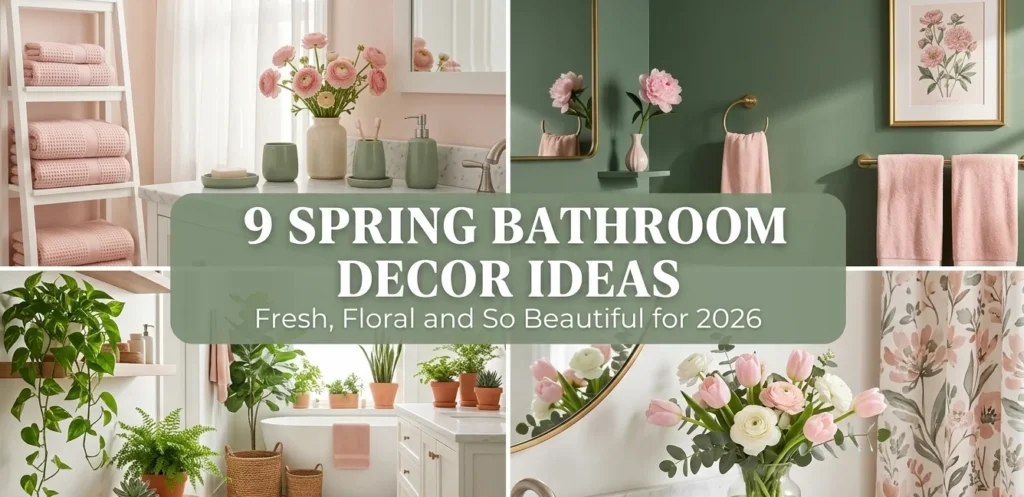 9 spring bathroom decor ideas collage showing pastel bathroom decor with blush towels green bathroom with pink accents garden inspired bathroom with plants and spring floral bathroom with tulip arrangement for 2026 spring bathroom refresh