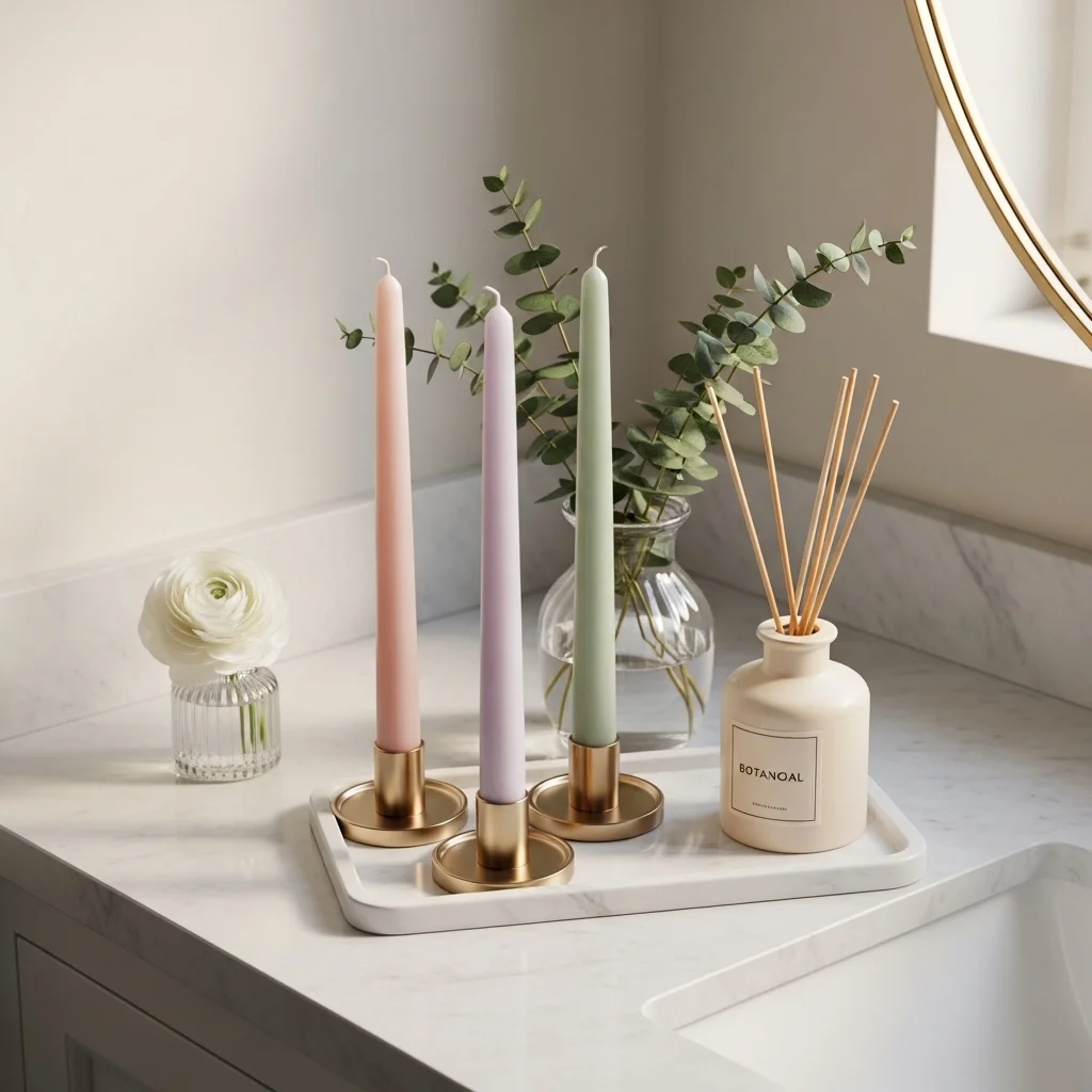 Spring bathroom decoration tips with pastel candles eucalyptus reed diffuser and ranunculus bud vase on marble vanity tray for spring bathroom inspiration ideas 2026