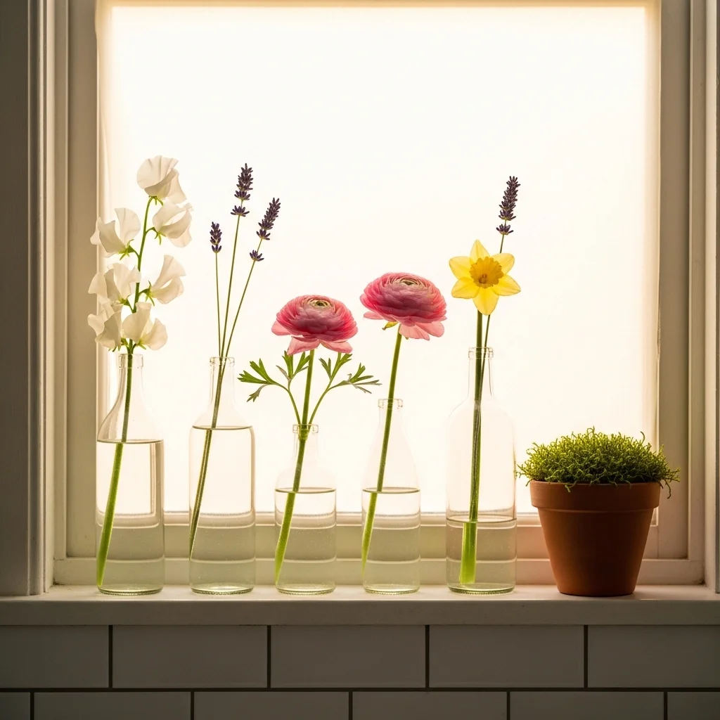 Spring bathroom windowsill display with glass bottle single stem flower collection in soft spring colours backlit by morning light for garden inspired bathroom decor ideas