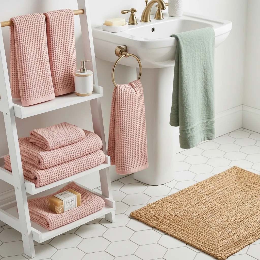 Spring bathroom linen refresh with blush pink waffle towels sage green linen hand towel natural jute bath mat and white ceramic soap dish for spring bathroom decoration tips ideas