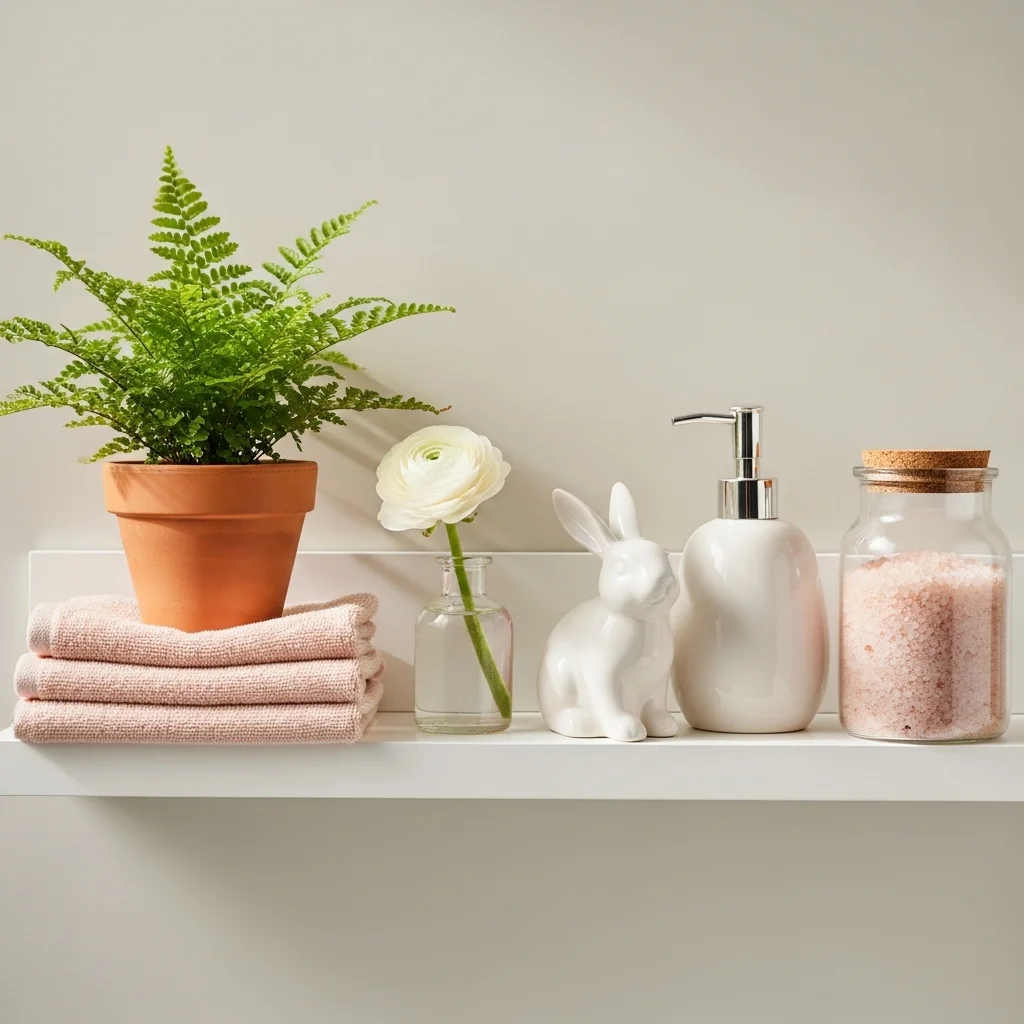 Spring bathroom shelf decor with terracotta fern pot white ceramic bunny soap dispenser pink bath salts jar blush face cloths and white ranunculus bud vase for Easter bathroom decor ideas