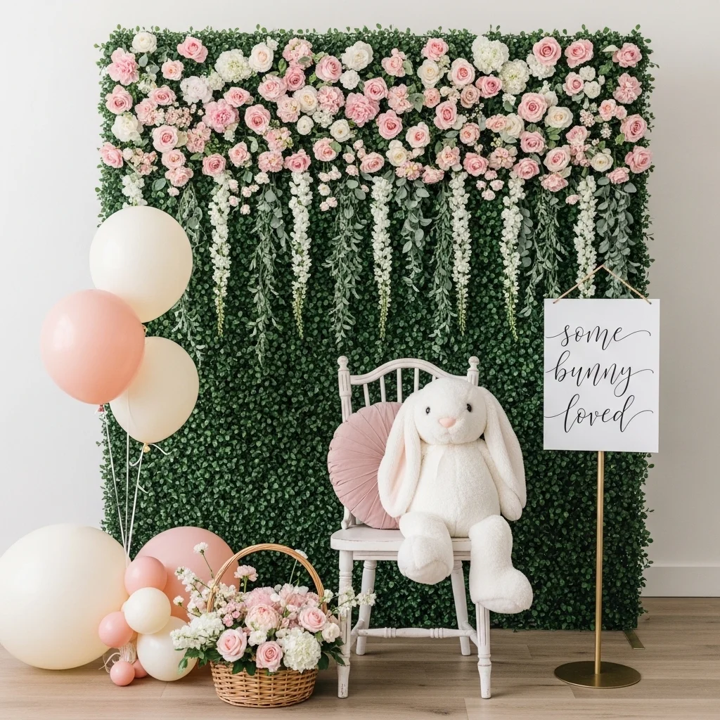 Spring bunny baby shower photo booth backdrop with lush blush and sage floral wall vintage white chair plush bunny large pastel balloons and some bunny is loved hand lettered sign for Easter baby shower ideas