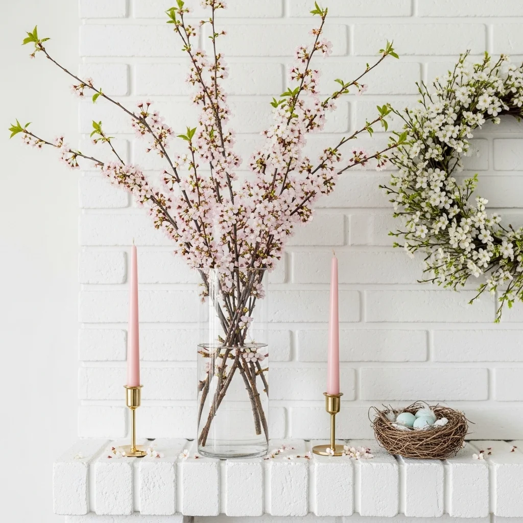 Spring chimney decor on white brick fireplace with cherry blossom branches pastel candles and bird nest display for seasonal white brick mantel ideas