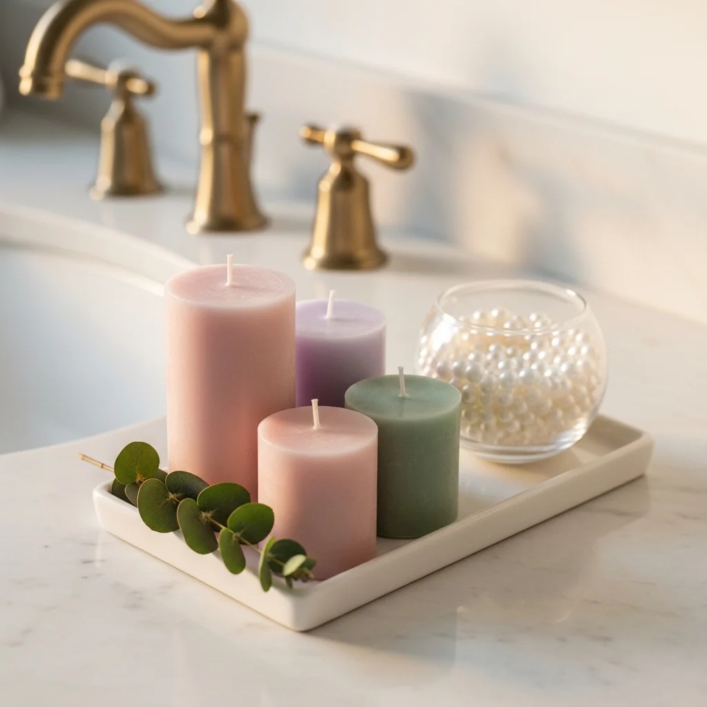 Spring Easter bathroom candle display with three pillar candles in blush lavender and sage green on white ceramic tray with eucalyptus sprig and glass bath pearl bowl on marble vanity