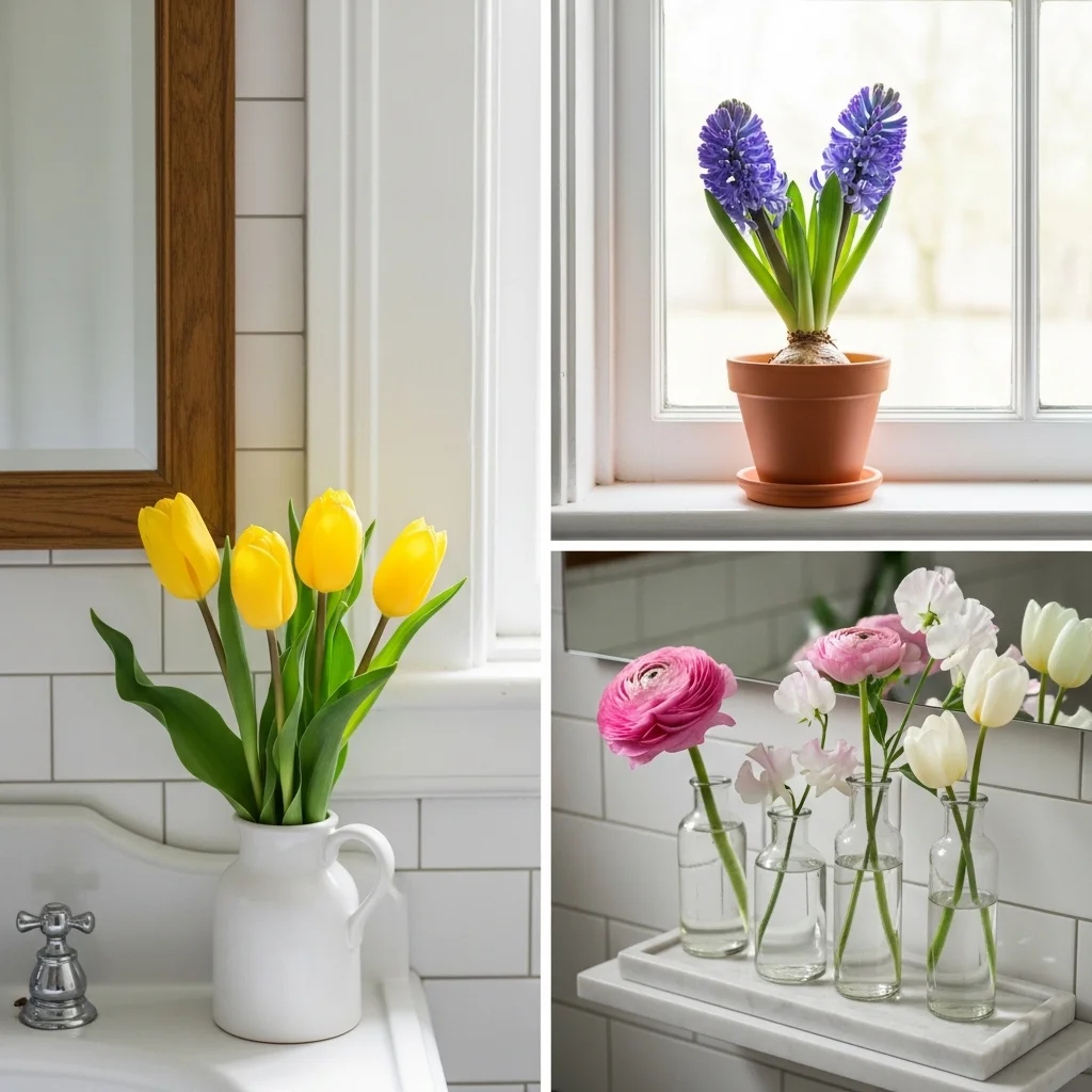 Spring Easter bathroom decor with yellow tulips in white vase purple hyacinth terracotta pot on windowsill and mixed bud vases on marble tray for spring bathroom decor ideas 2026