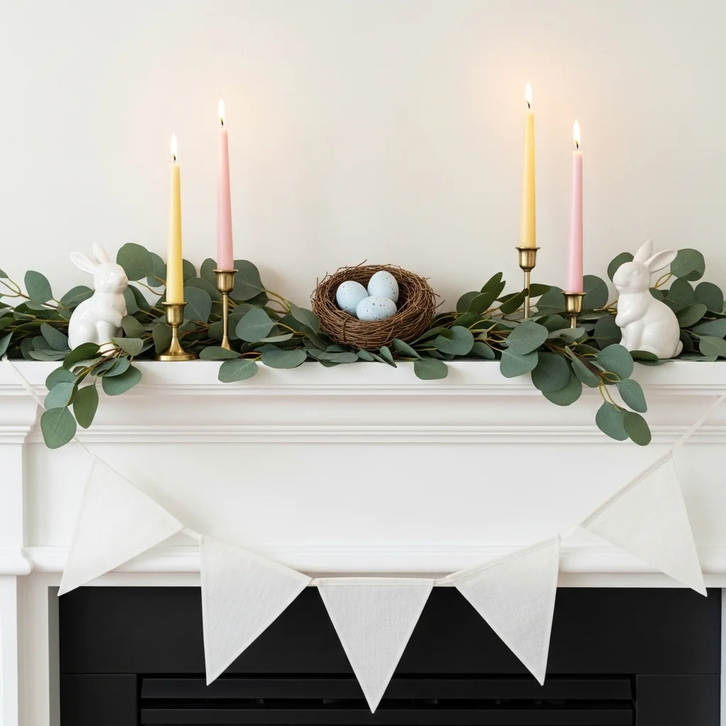 Spring Easter mantel with white ceramic bunnies bird nest pastel eggs and eucalyptus garland on painted white fireplace