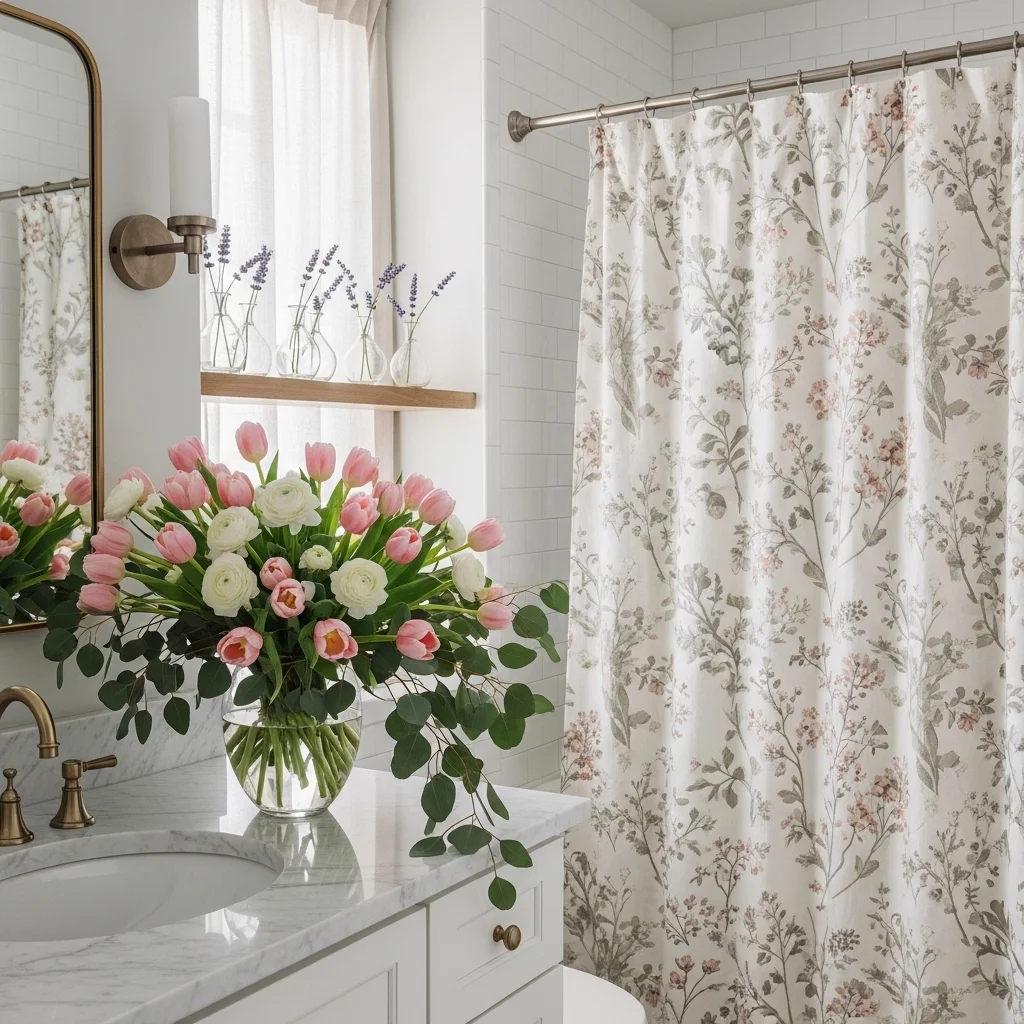 Spring floral bathroom with pink tulip eucalyptus arrangement on marble vanity floral shower curtain and lavender bud vases on wood shelf for spring floral bathroom decor ideas