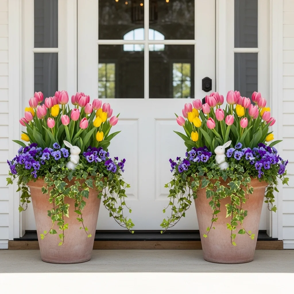  Spring floral bunny decor planters with tulips pansies and white bunny figurines flanking white front door for Easter porch decor outdoor ideas