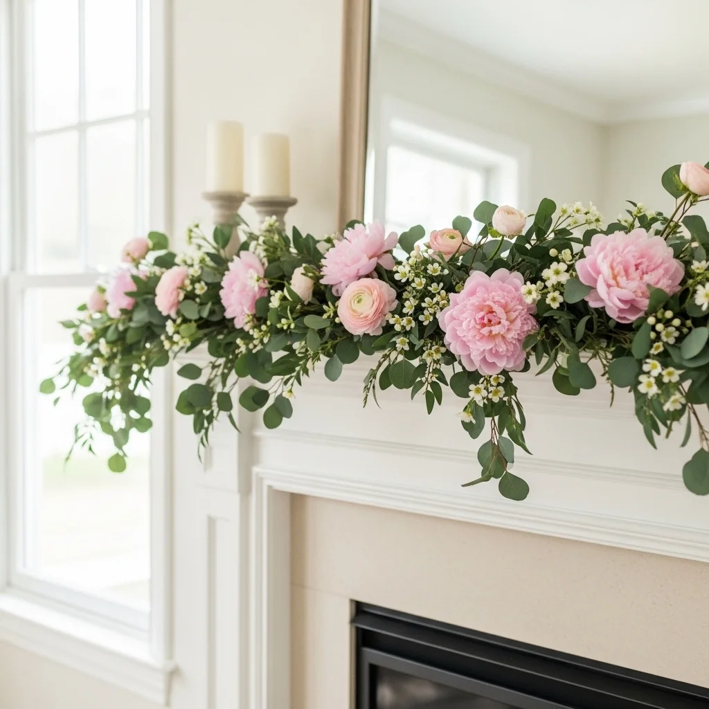 Lush spring floral garland with pink peonies and eucalyptus draped across white fireplace mantel for spring mantel decor