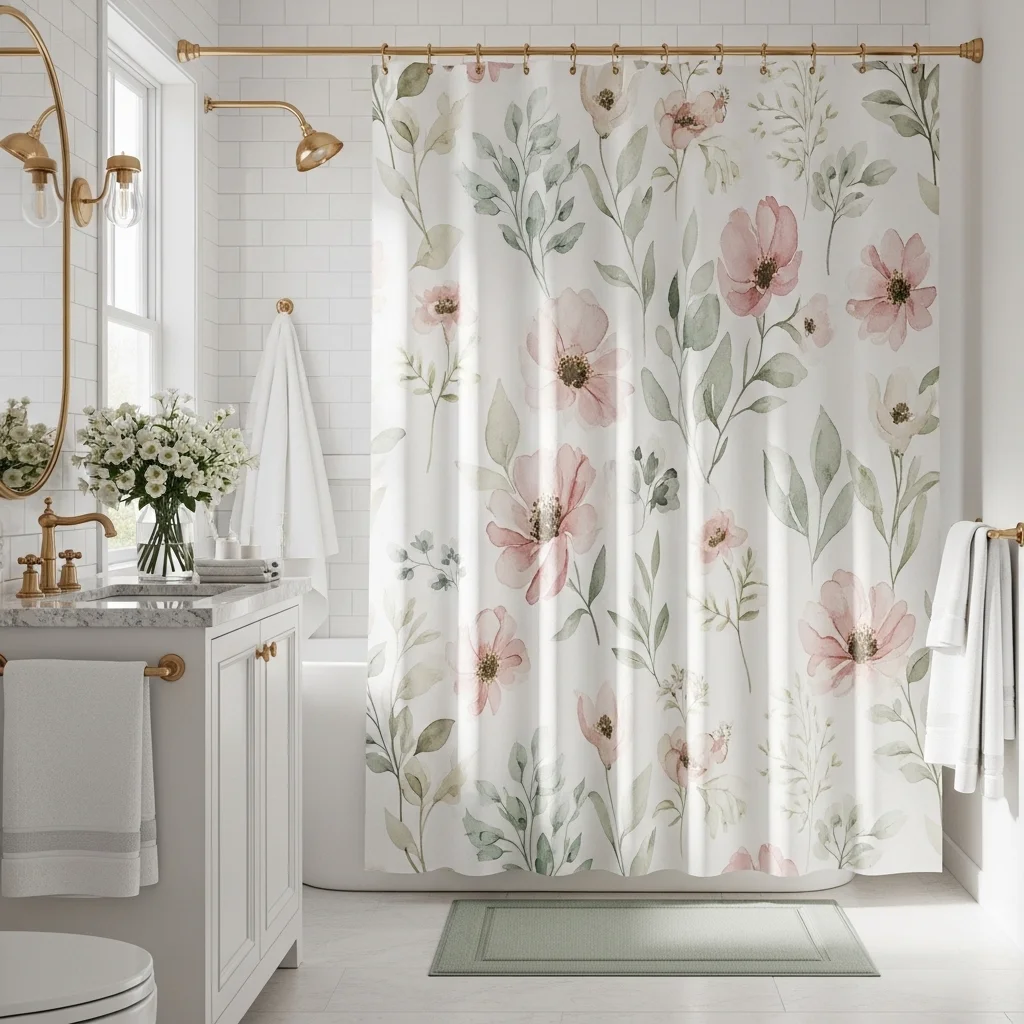 Spring floral bathroom with watercolour botanical shower curtain in blush pink and sage green with white towels and fresh flowers for spring bathroom decoration tips ideas