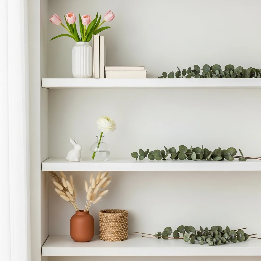 Spring Easter bookshelf decor with pink tulips in white vase single white ranunculus bud vase and pampas grass terracotta vessel distributed across three shelves with eucalyptus sprigs for spring shelf florals decor ideas