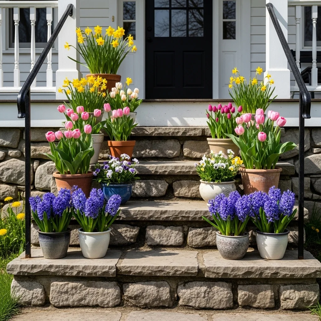 Spring flower pots arranged on front porch steps with daffodils tulips and hyacinths for spring curb appeal makeover