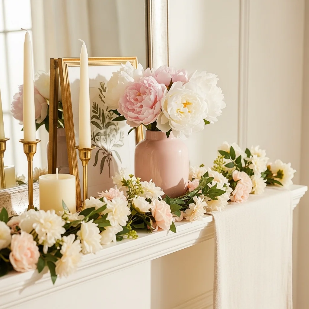 Spring fireplace mantel in blush pink gold and cream color palette with peonies garland and gold candle holders for spring mantel decor