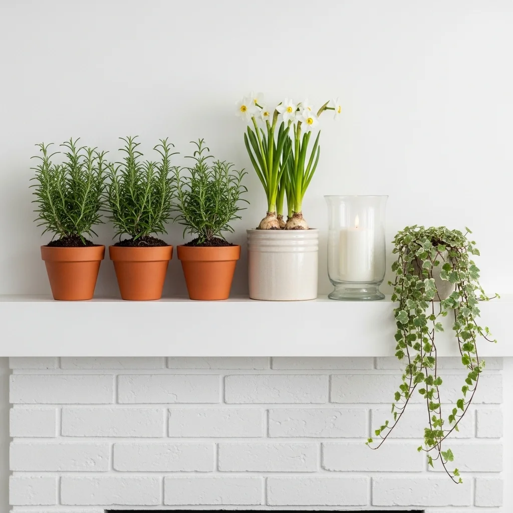 Spring mantel decor with living plants including terracotta herb pots white narcissus and trailing ivy on white brick fireplace
