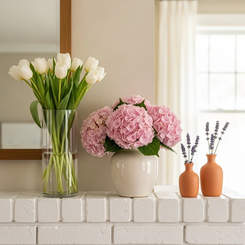 Spring mantel decor with varying height vases and flower stems including tulips hydrangeas and lavender on white brick fireplace