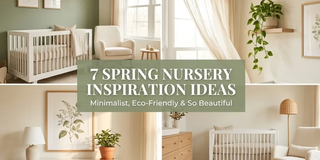 7 spring nursery inspiration ideas collage showing minimalist nursery with neutral bedding spring aesthetic botanical decor elegant wall art and nursery essentials corner in warm neutral tones for 2026 spring nursery decor ideas