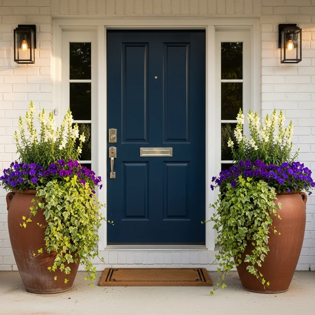 Two large terracotta spring planters with pansies and ivy flanking a navy front door as part of a spring porch makeover