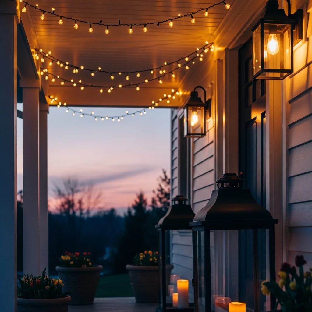  String lights and black lanterns on front porch at dusk creating warm spring evening curb appeal makeover