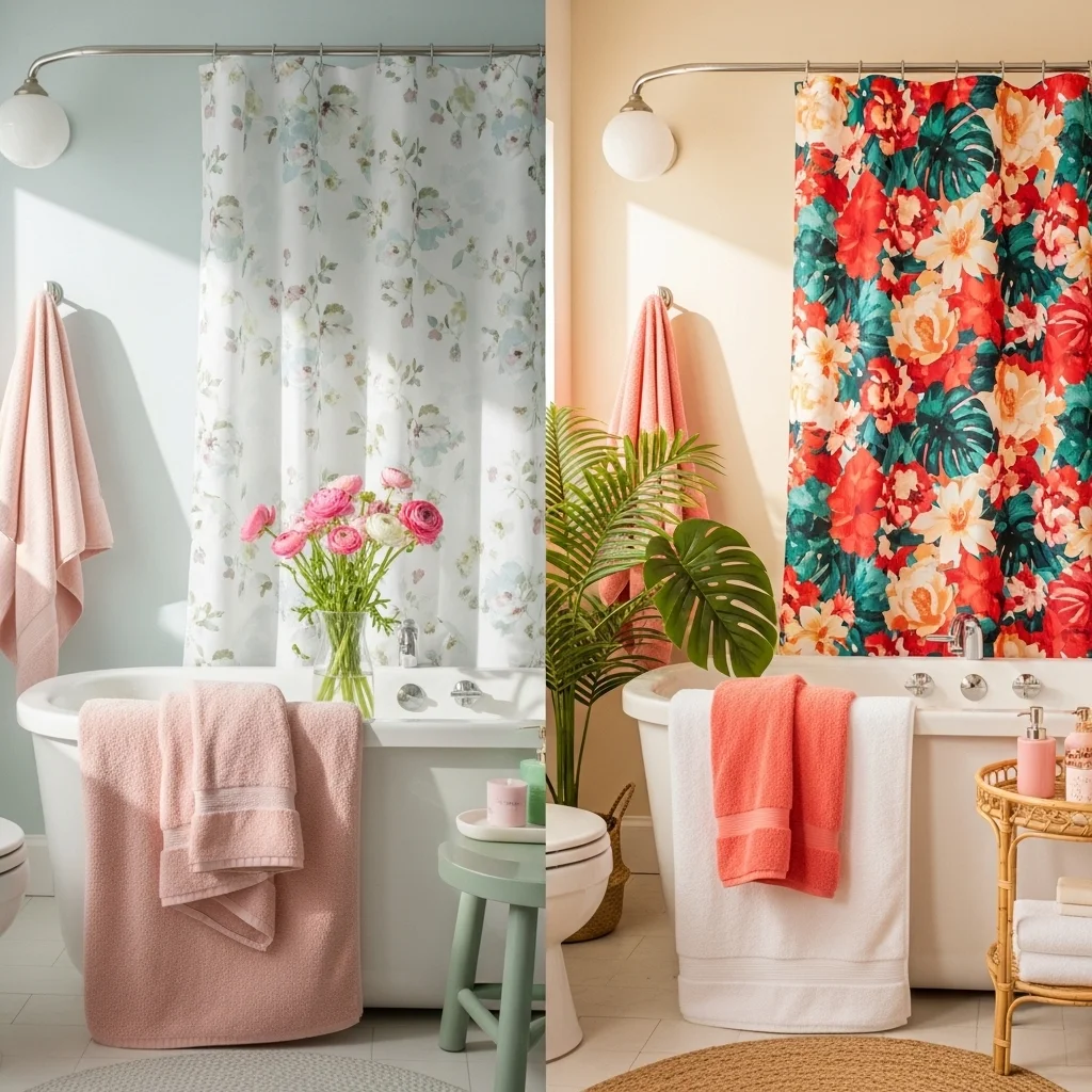 Spring to summer bathroom decor transition split panel showing pastel spring bathroom decor versus vibrant summer bathroom decor styling for complete spring bathroom decoration tips 2026