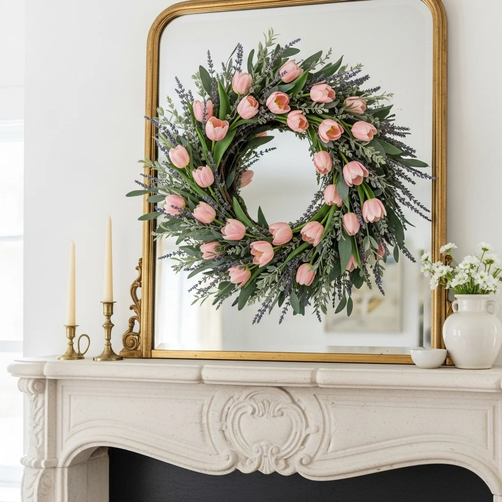 Spring floral wreath with tulips and lavender hanging above stone fireplace mantel with gold mirror for spring mantel decorating ideas