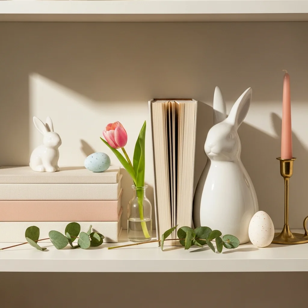 Matte white ceramic bunny focal point on styled Easter bookshelf with cream linen book stack speckled egg brass candlestick blush taper candle and eucalyptus sprigs for Easter bookshelf decor ideas