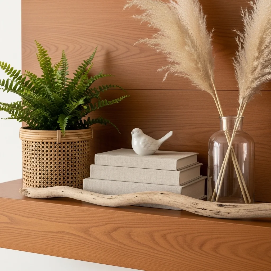 Textural spring mantel with rattan basket fern linen books pampas grass and driftwood for organic farmhouse spring mantel decor ideas