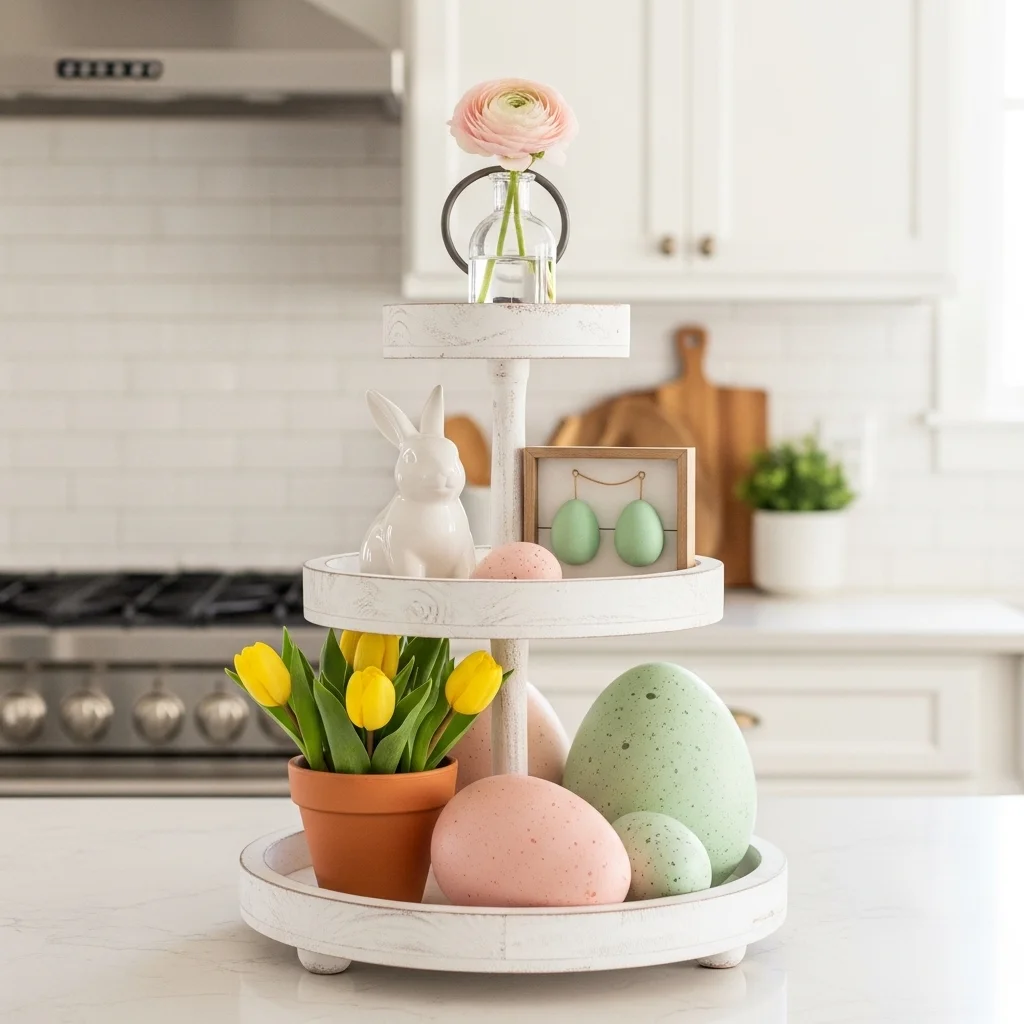 Three tier white tray Easter kitchen island display with yellow tulips ceramic bunny  sign and pastel speckled eggs for Easter kitchen island decor ideas 2026