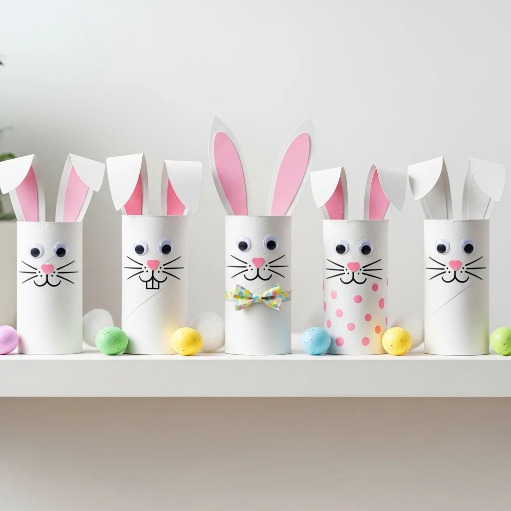 Five toilet paper roll Easter bunny crafts painted white with bunny ears googly eyes and cotton ball tails on white shelf for easy Easter crafts for kids craft projects