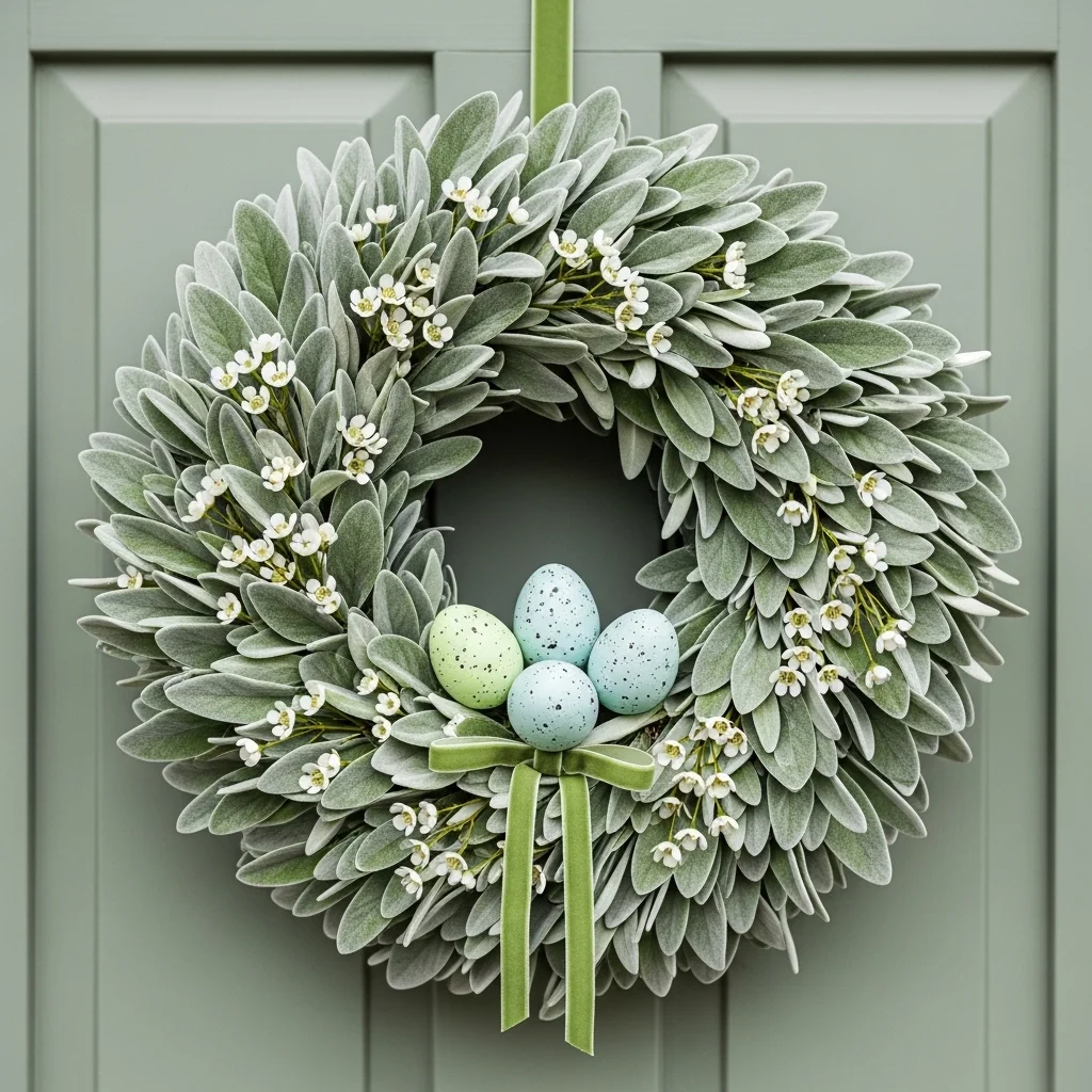 Unique elegant Easter wreath with lambs ear leaves speckled blue eggs and sage ribbon for front door easter spring decorations