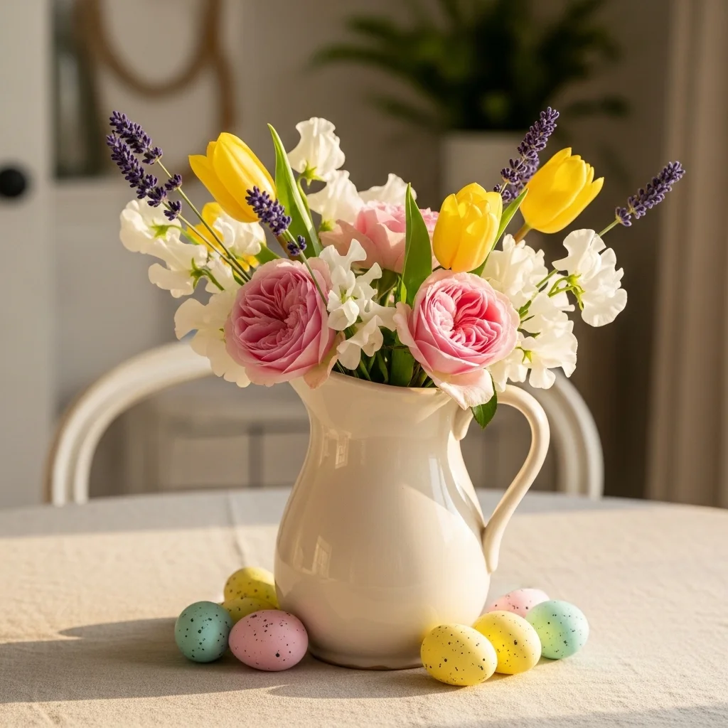 Vintage cream ceramic pitcher with loose pink roses yellow tulips lavender and sweet peas with scattered pastel eggs for pastel Easter table arrangement centrepiece ideas