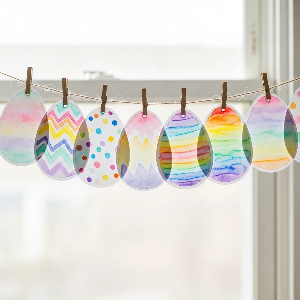Colorful watercolor Easter egg art hung on twine across bright window showing different child painted designs in pastel spring colors for Easter arts and crafts kids project