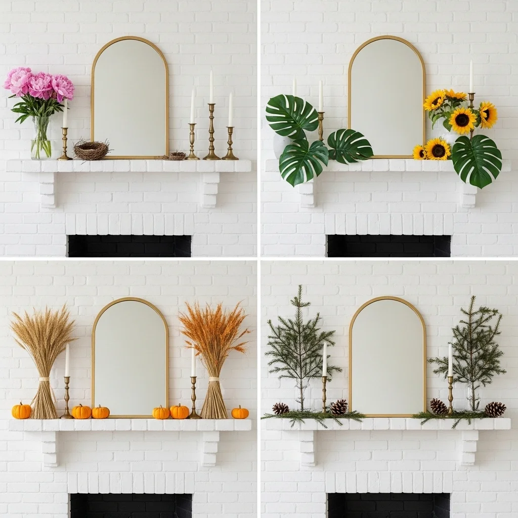 White brick fireplace mantel styled four ways for each season showing spring summer fall and winter white brick mantel ideas with seasonal swaps